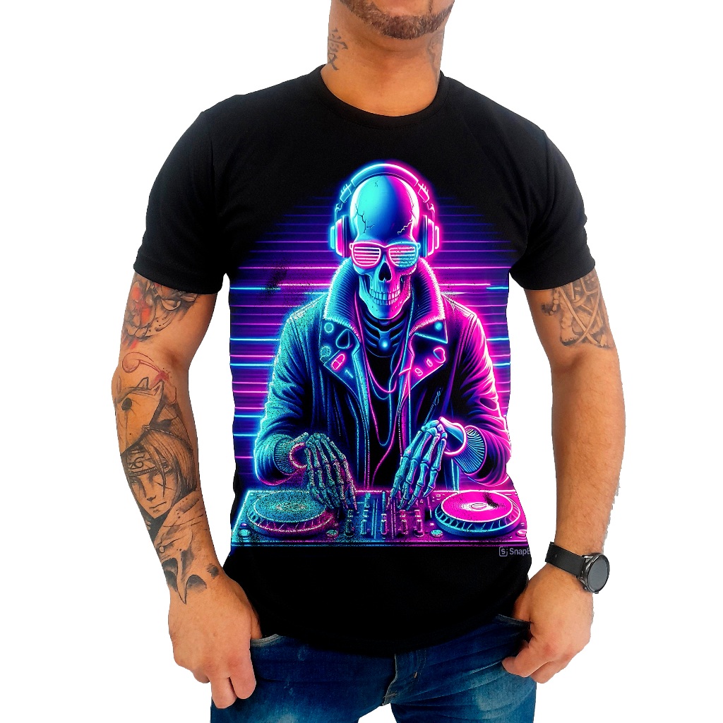 Camiseta Camisa Dj Skull Caveira Music Musica Neon Retro Masculina Preta