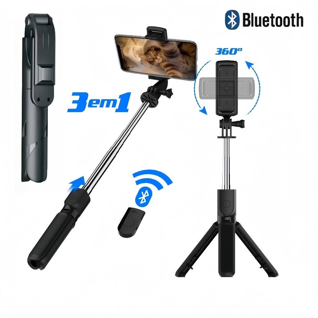 Bastão de selfie telescópico Bluetooth com controle remoto para celulares e tripé