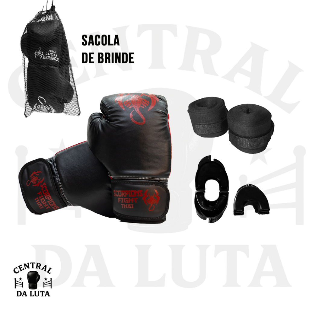 Kit Completo Muay Thai Boxe Kickboxing Luva + Bandagem + Bucal + sacola de brinde
