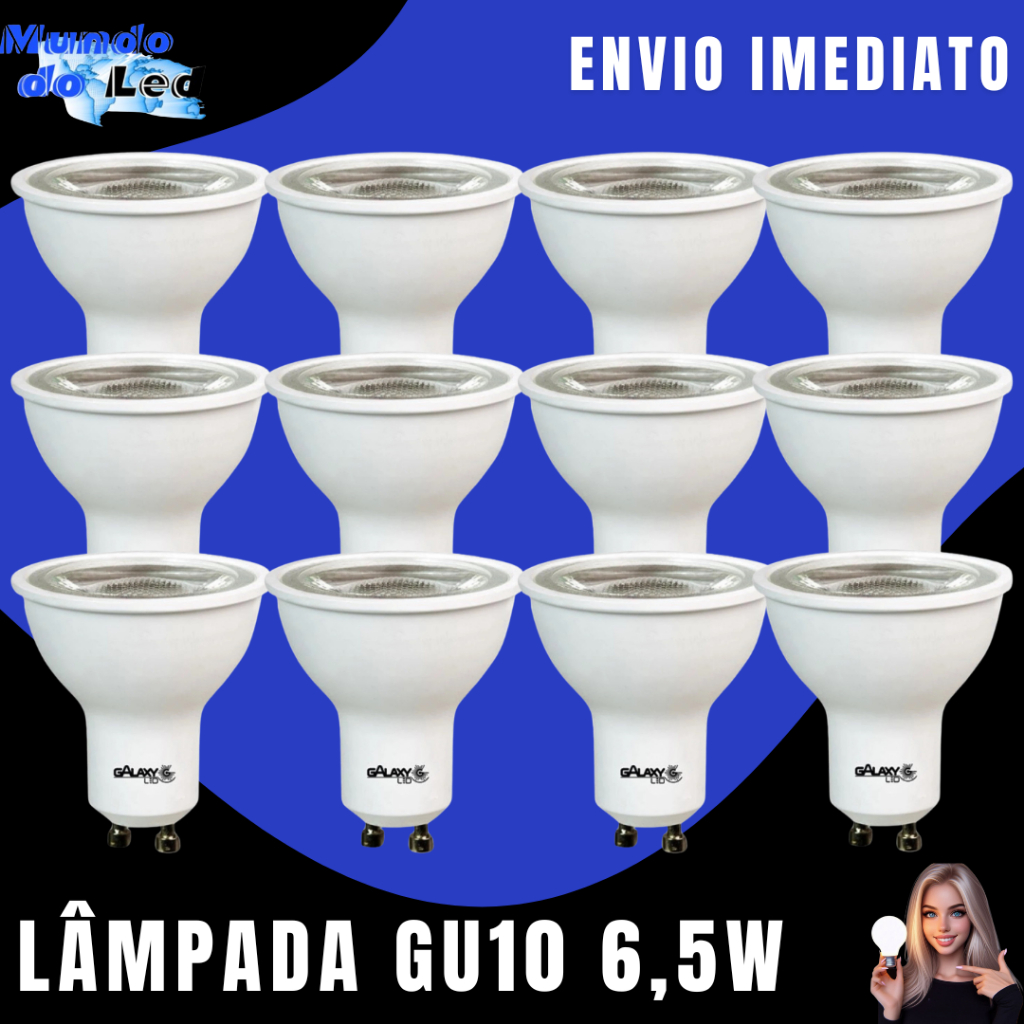 Kit Lâmpadas LED Dicroica MR16 GU10 6,5W Bivolt Galaxy | Luz Forte Econômica e Durável em Oferta na Shopee