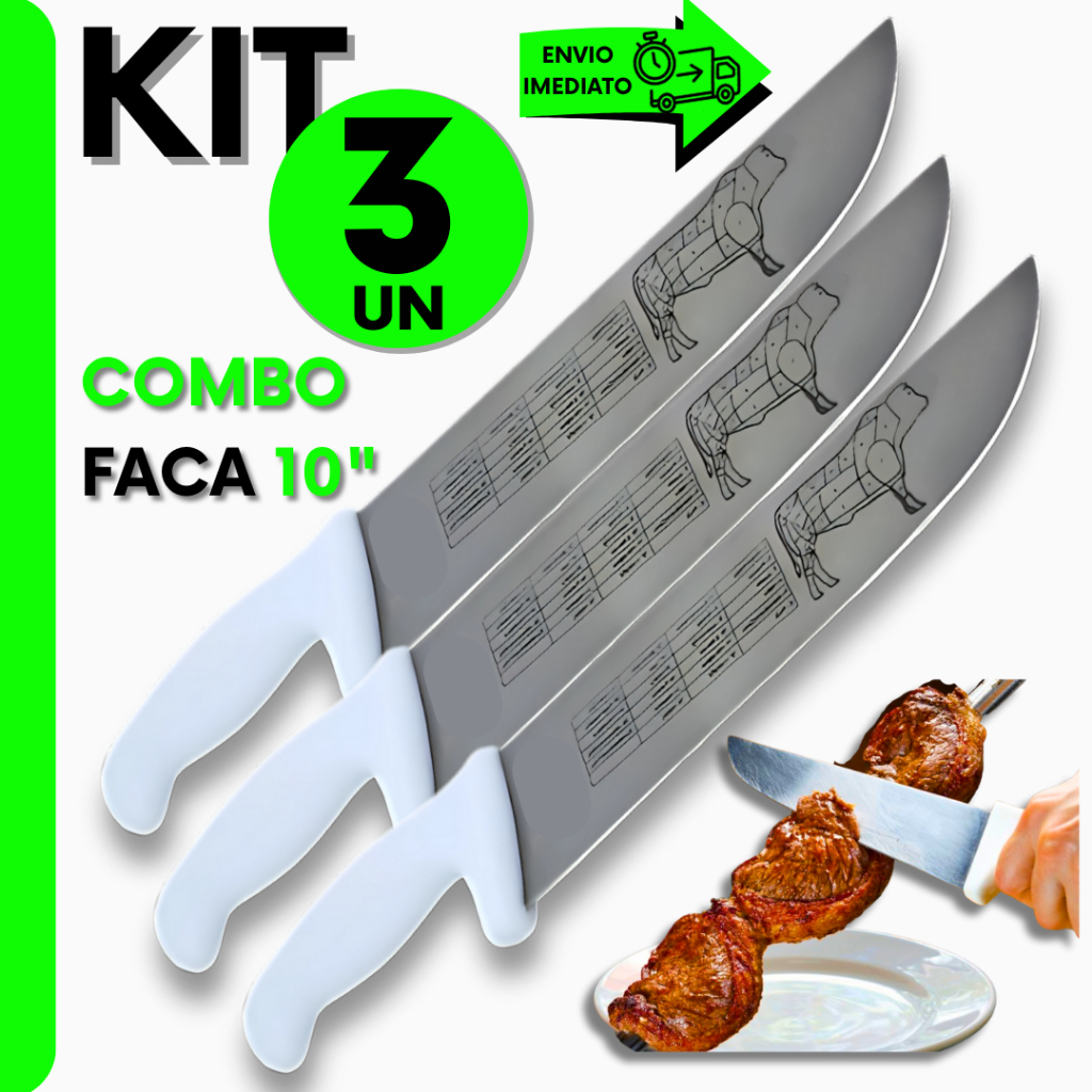 Kit 3/2/1 Unidade  Faca Cabo Branco 10" Em Aço Inox Açougueiro Profissional e Churrasqueiro Para Açougue e Cozinha em Oferta na Shopee