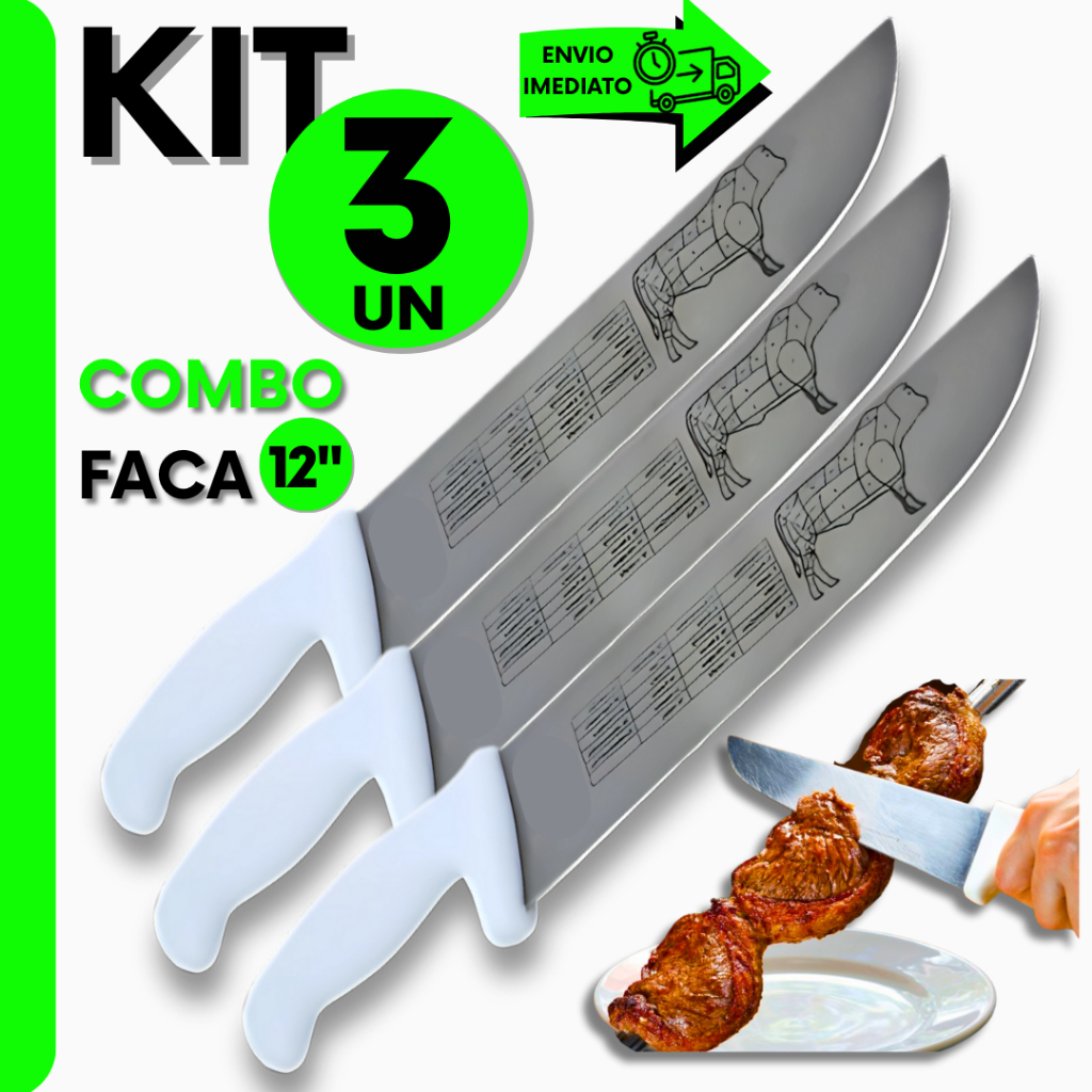 Conjunto Faca Cabo Branco 12" Aço Inox Do Açougueiro Churrasqueiro Profissional P/ Açougue e Cozinha em Oferta na Shopee