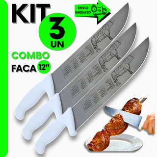 Conjunto Faca Cabo Branco 12" Aço Inox Do Açougueiro Churrasqueiro Profissional P/ Açougue e Cozinha