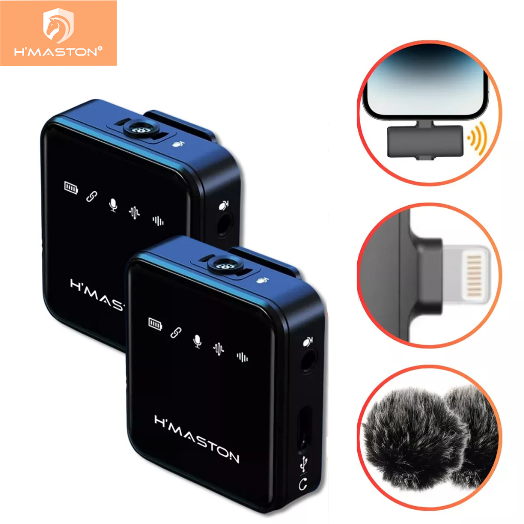 H'maston MK15/16 Microfone Sem Fio Duplo Lapela Duplo Profissional Para Lightning Tipo-C Anti Ruído