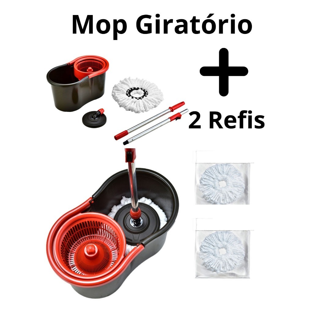 Mop Giratório 360°Regulável Balde 2 Refis Microfibra com original Rodinha E Alça Rodo Limp...