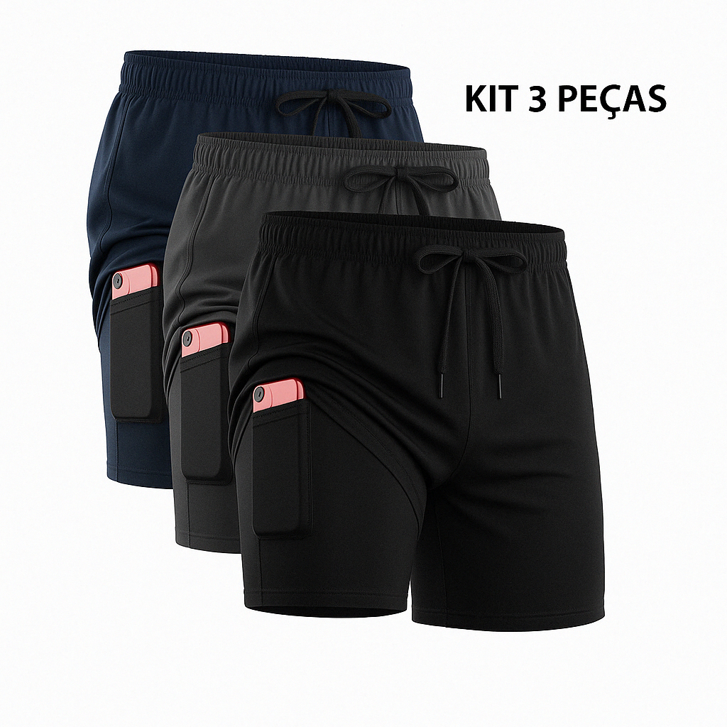 Kit 3 Shorts Masculino 2 em 1 Fitness Bermuda Treino Com Bolso Interno