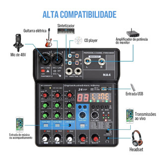 TEYUN 4 Canais Mixer De Áudio NA4 Console De Mixagem De Som 24 Efeitos DSP Portátil Profissional Entrada de computador