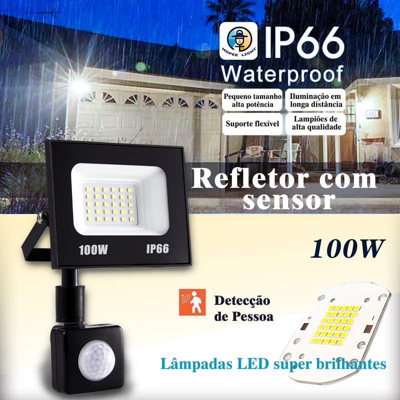 100W Refletor Led Com Sensor De Movimento Bivolt Prova Dágua IP66 Branco Frio 6500K Luz Externa
