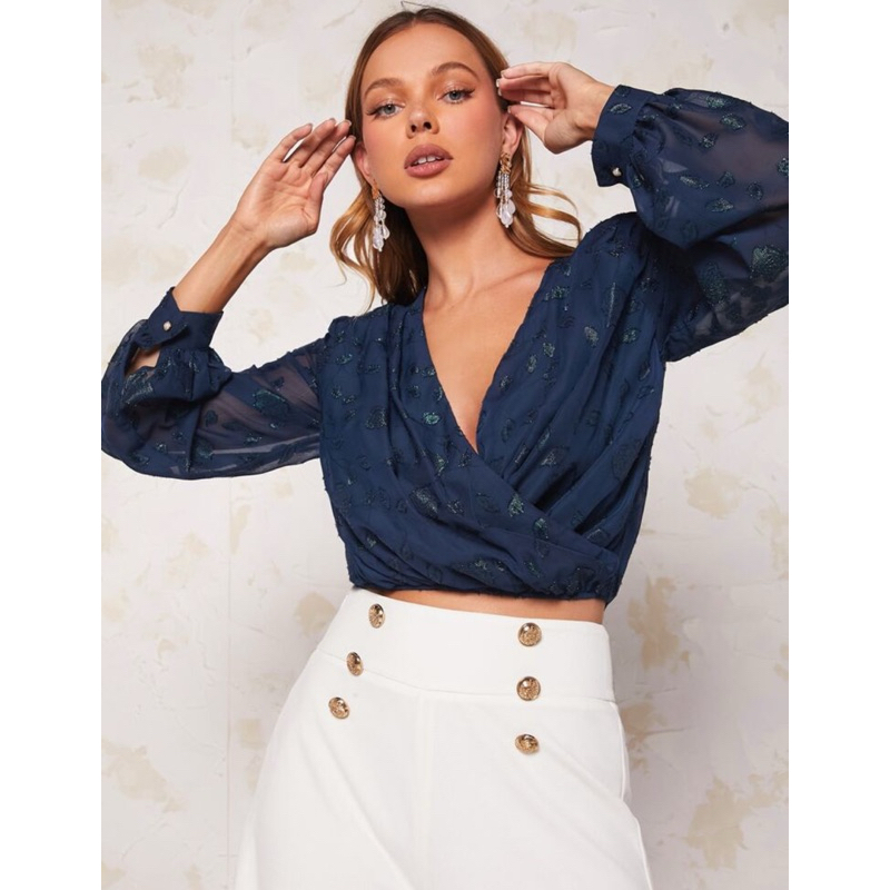 Blusas Jacquard Manga da lanterna Colar de sobreposição Chiffon
