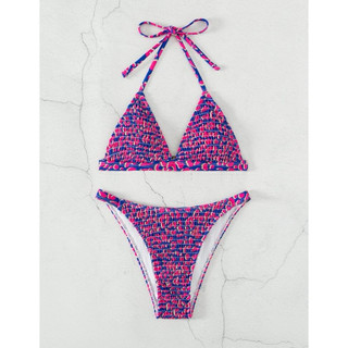 Conjunto de Bikini de verão com babados e estampa completa, parte superior de amarrar