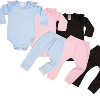 Kit 6 Pecas Roupas Bebês Meninas 3 Conjuntos Bodys Manga Longa Quentinho Babados Calca Canelados P M G 0 em Oferta na Shopee