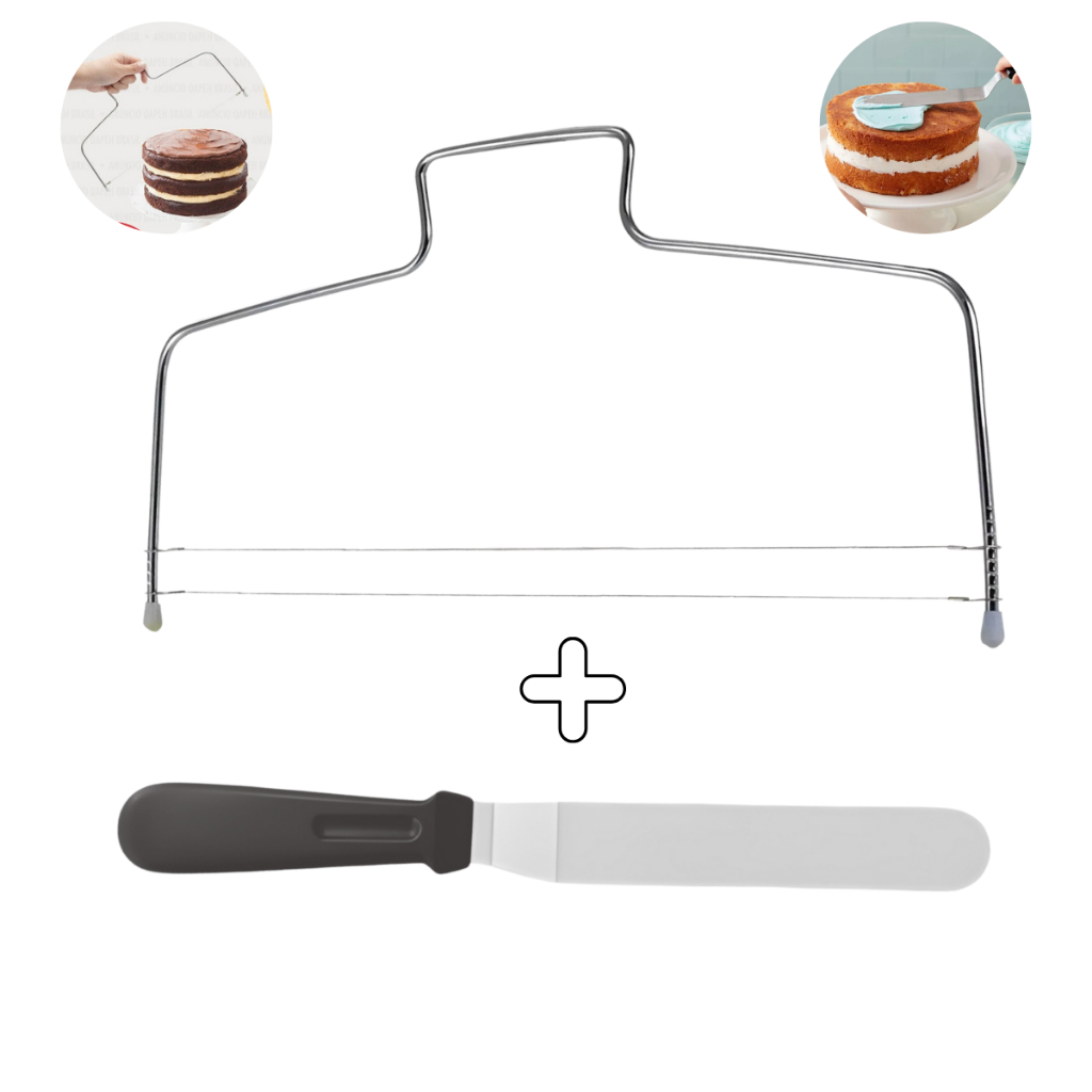 Espátula Angular + Cortador Nivelador Fio Duplo Bolo Torta Confeitar Decorar Alisar kit Confeiteira em Oferta na Shopee