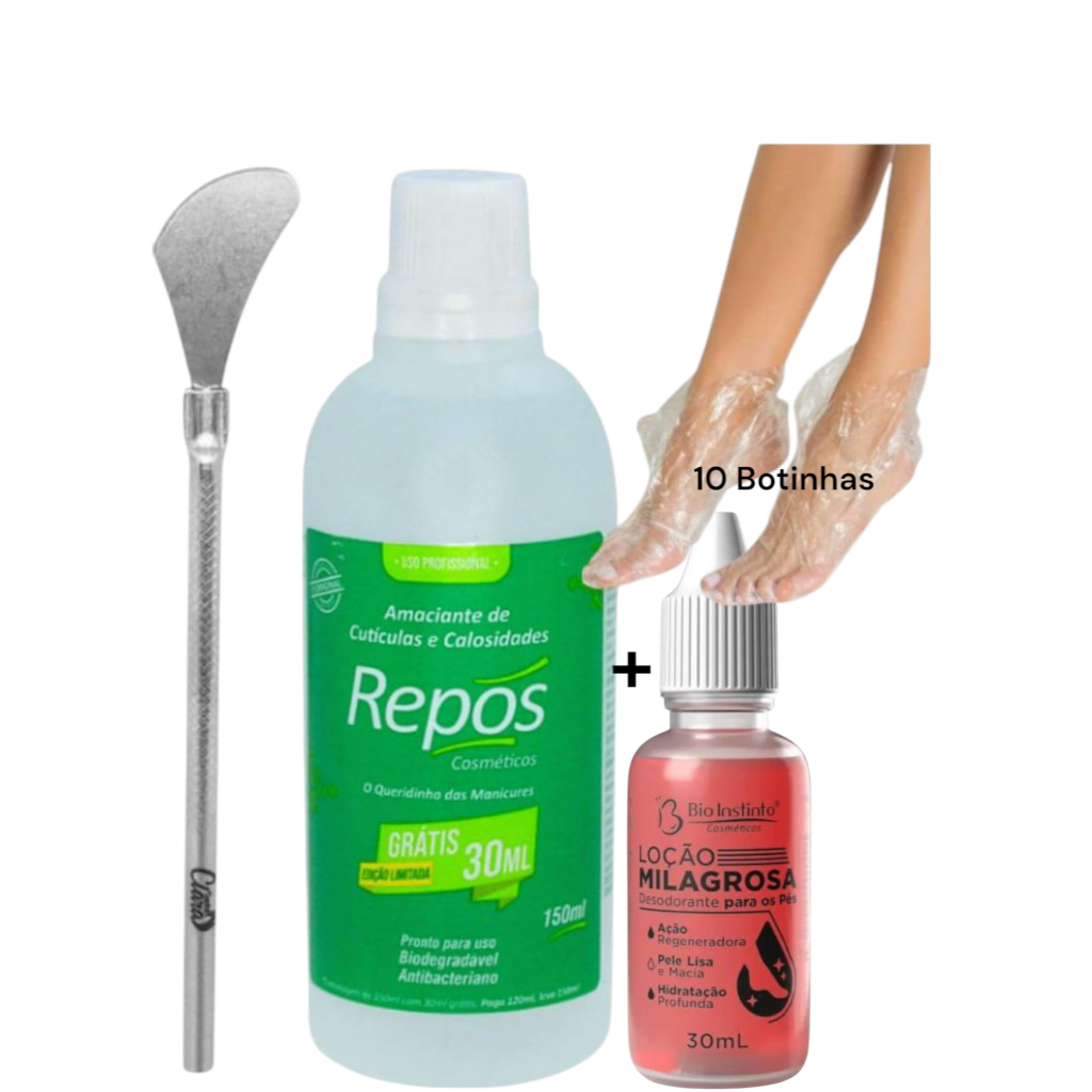 Kit Spa dos Pés 👣 | Repôs 150ml + Loção Milagrosa 💧 + Espátula Inox 222 🛠️ + 10 Botinhas 🧦 | Remove Calos + Hidratante em Oferta na Shopee