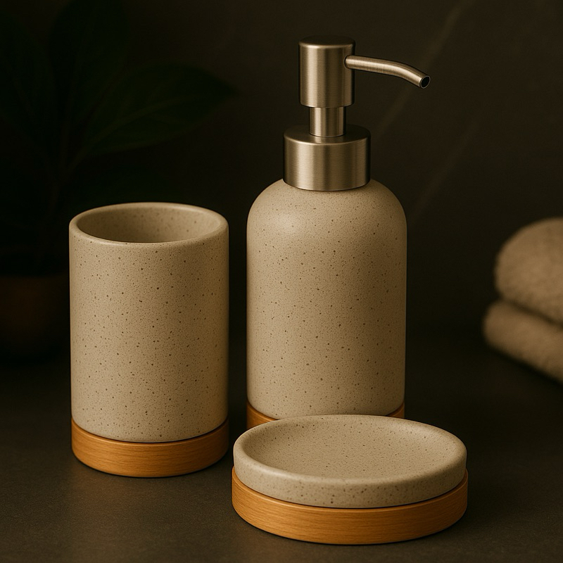 Kit Completo para Lavabo – 3 Peças em Cerâmica com Detalhes em Bambu