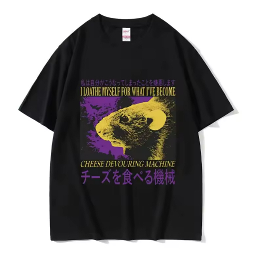 Camiseta Camisa Blusa Algodão Unissex Engraçado máquina de devoção de queijo japonês rato em Oferta na Shopee