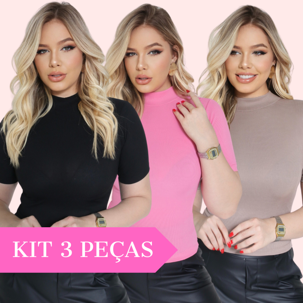Kit 3 Peças Blusa Feminina Manga Curta Gola Alta Básica Slim Malha Ribana Canelada Confortável Verão