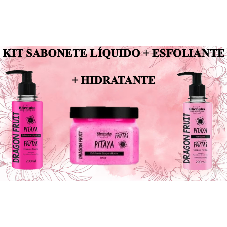 KIT SABONETE LÍQUIDO + ESFOLIANTE + HIDRATANTE CORPORAL - PITAYA - RHENUKS em Oferta na Shopee