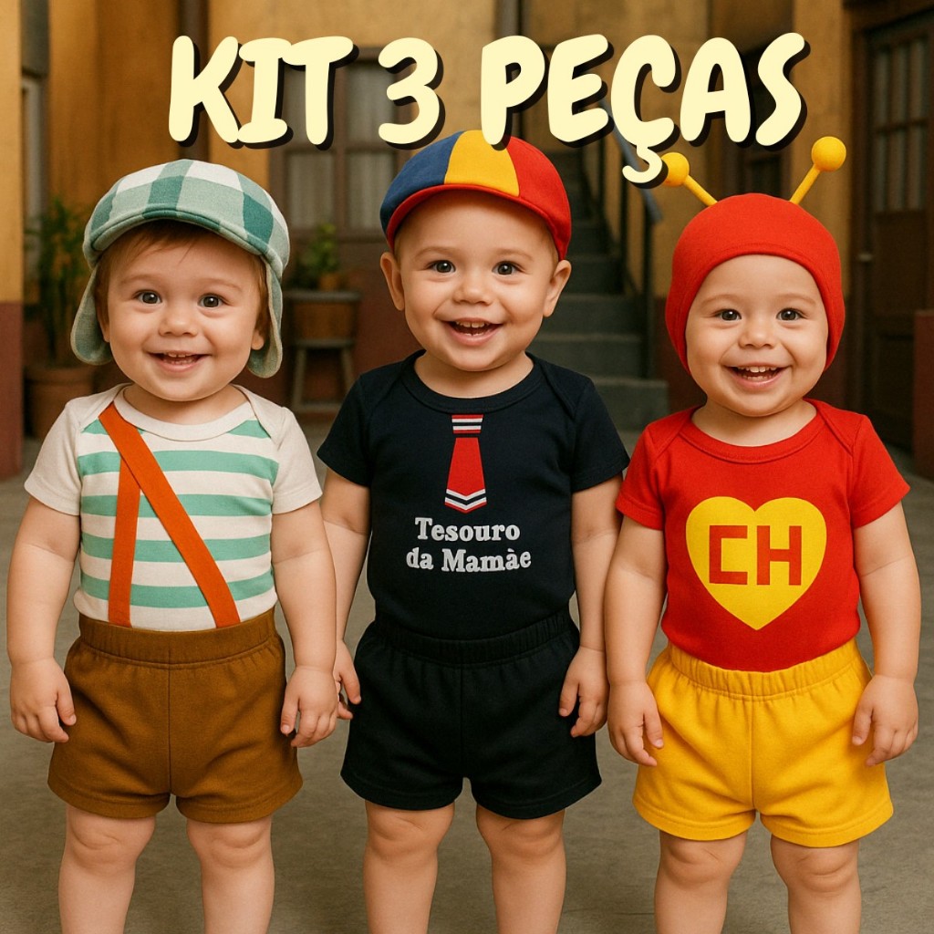 Body Bebê Chaves, Kiko e Chapolin Kit 3 peças Short + Body + Touca