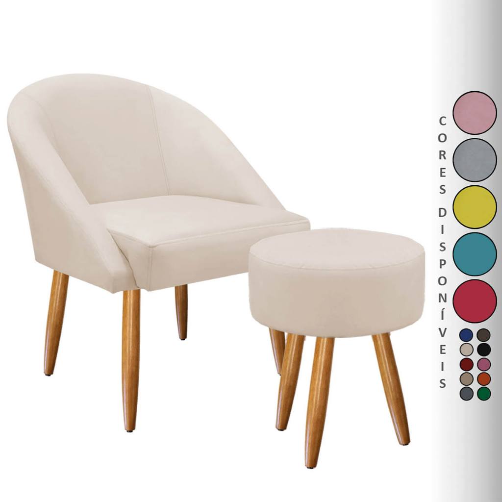 Kit Poltrona Lua e Puff Redondo para Sala Decorativa Pés Palito Suede Aninha Decor