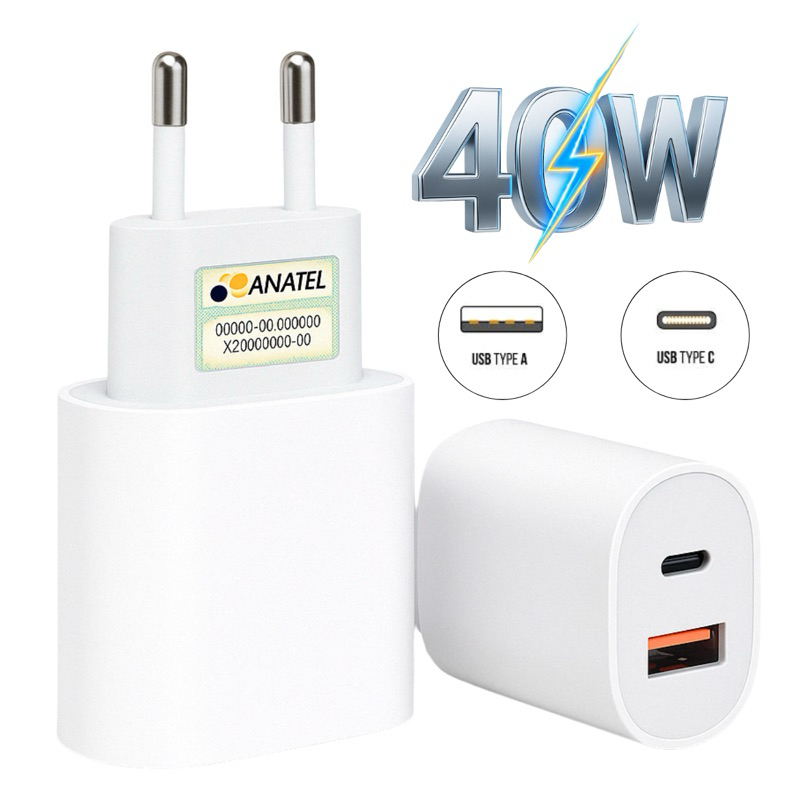 Carregador Turbo 40W 2 Portas Fonte USB-C e USB-A Rápido Tipo C PD iPhone Samsung Motorola