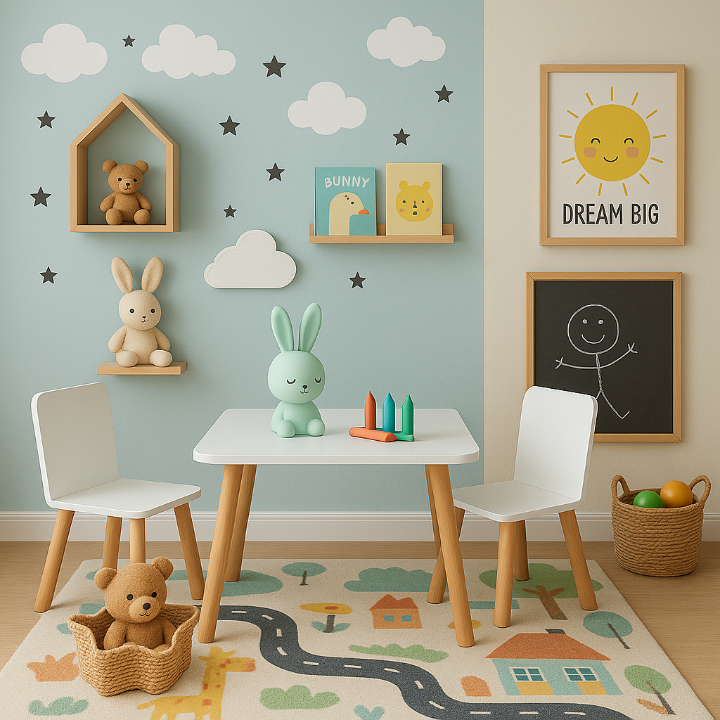 Mesa Infantil tampo de 60cm pés em Madeira + Cadeirinha
