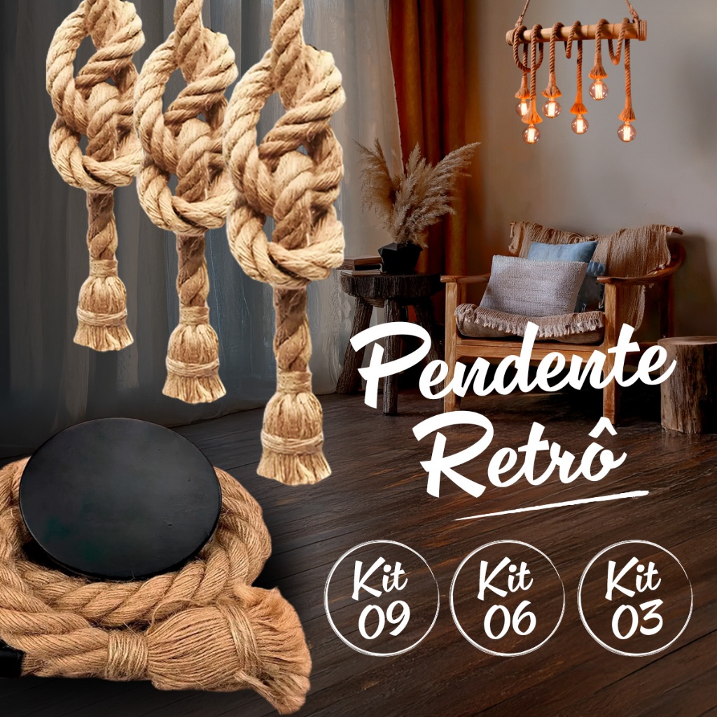 Kit de 3, 6 ou 9 Pendente Corda Retro Design Rústico Vintage P/ Bocal E27 Teto Bivolt 1m, 1.5m ou 2m em Oferta na Shopee