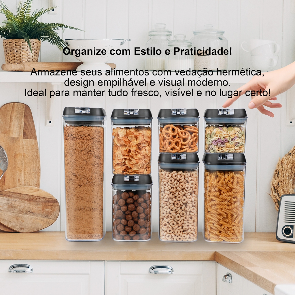 House Organizer - Kit 7 Potes Herméticos Empilháveis Com Tampa De Pressão | Vedação Em Sil...