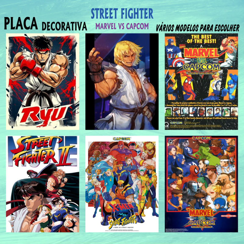 Kit 5 Placas Decorativas Quadros Street Fighter Marvel vs Capcom Games Jogos  Geek Decoração