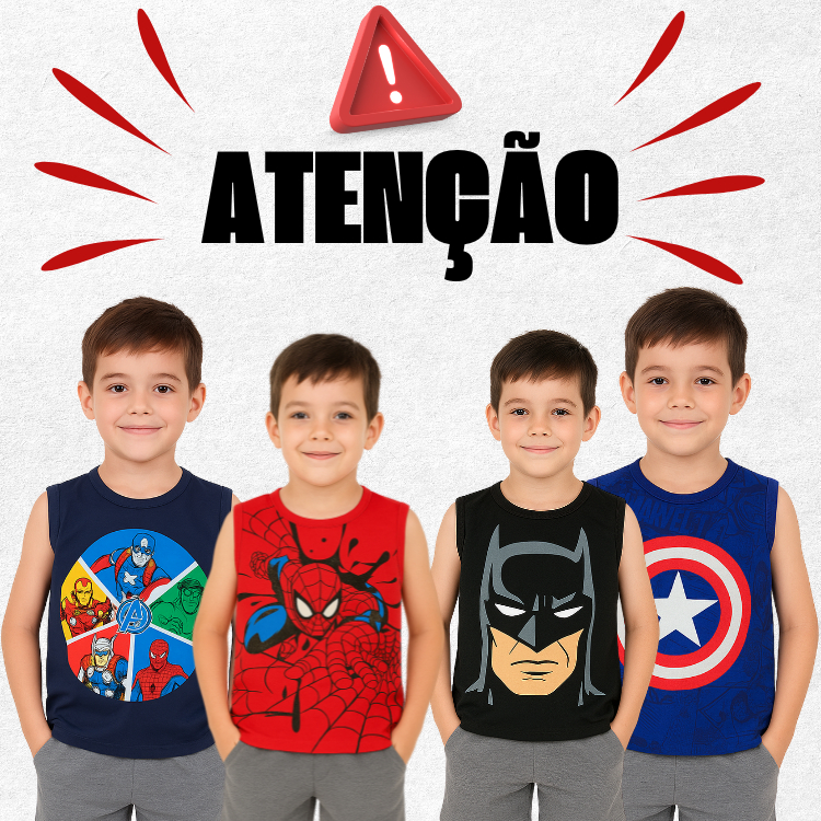 Kit 5 Camisetas Infantil Regata Menino Diversas Estampas 100% Algodão
