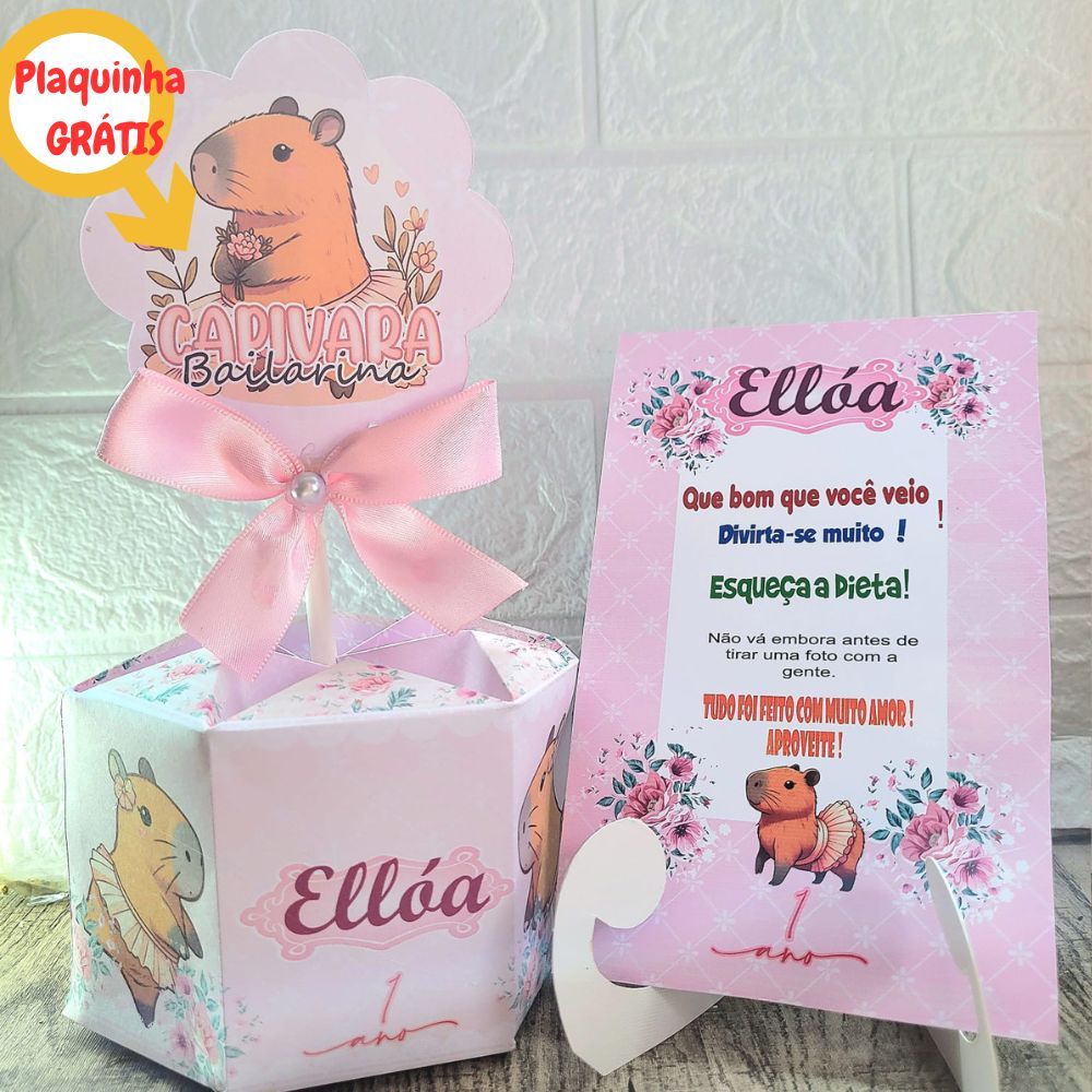 Centro de Mesa Capivara Bailarina + Plaquinha Grátis+Laços.Enfeite,Arranjo,Cachepô Personalizado p/Lembrancinha