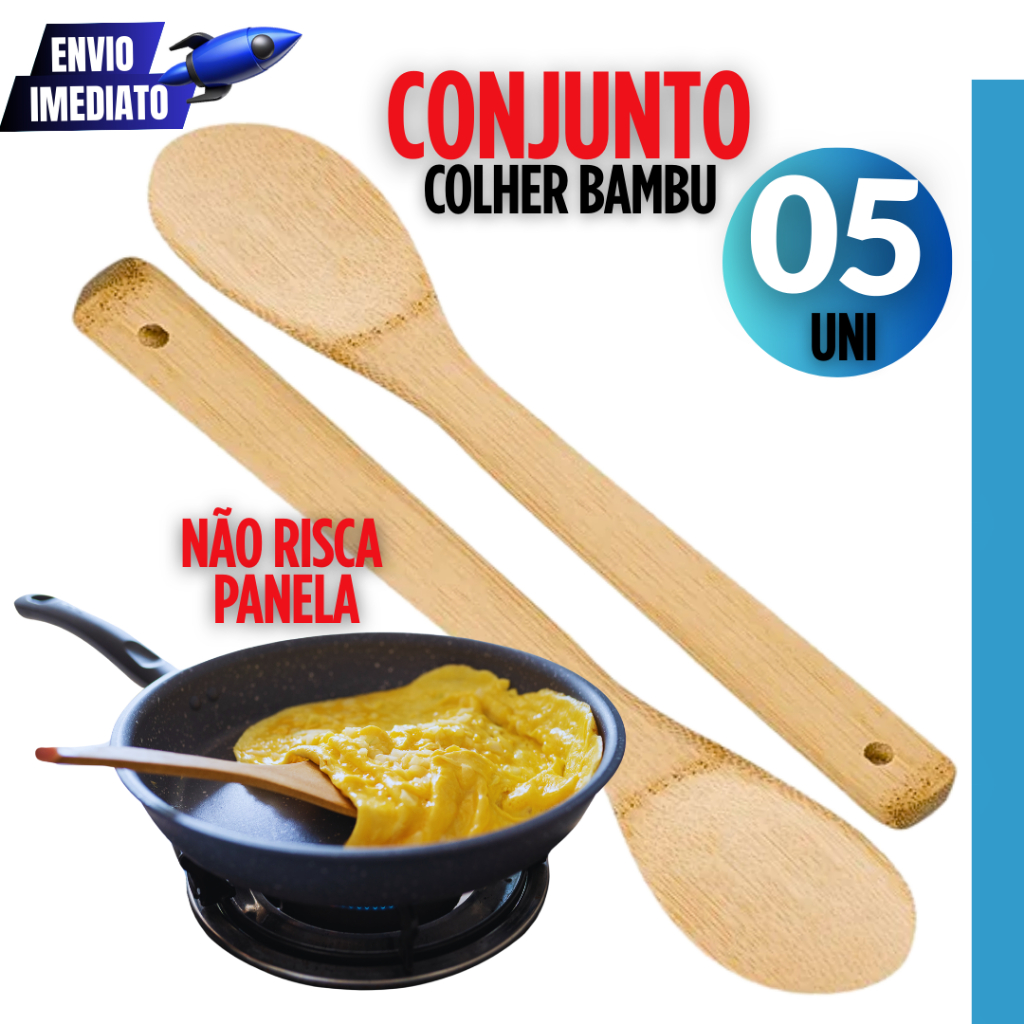 Conjunto Kit 5 Colher De Bambu Para Cozinhar Madeira Bamboo Medida 30cm Para Cozinha Gourmet Variáveis Utilidades