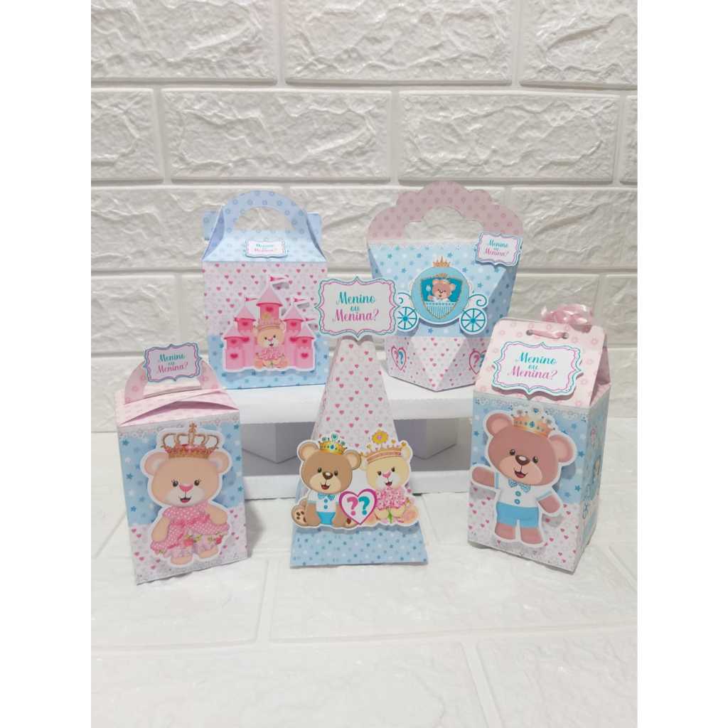 Kit Festa Chá Revelação - Lembrancinhas para Chá revelação Urso Realeza - Caixinhas Personalizadas Pegue e monte