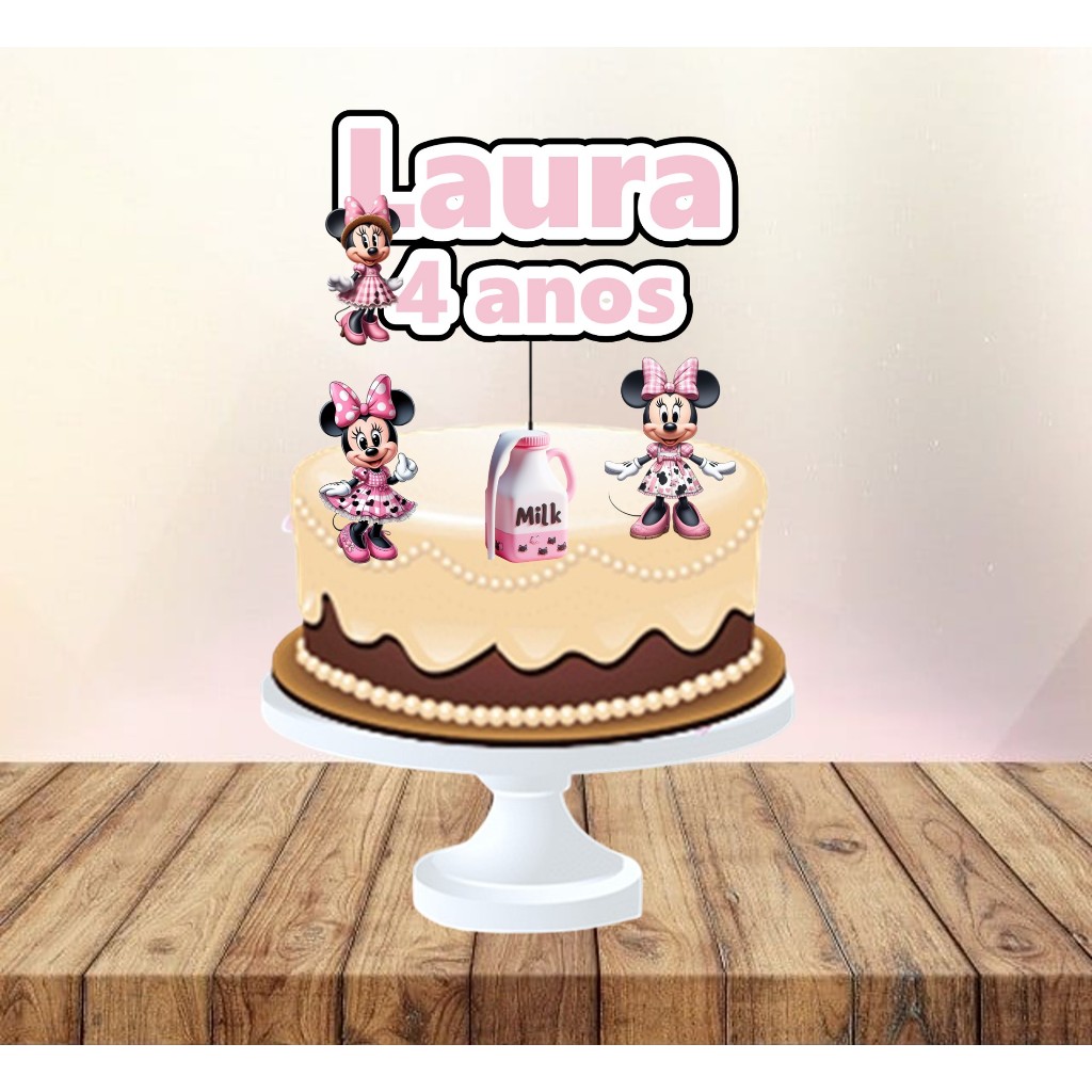 TOPO DE BOLO MINNIE MILK - ANIVERSÁRIO, MESVERSÁRIO, DECORAÇÃO, ENFEITE DE MESA, ENFEITE DE BOLO