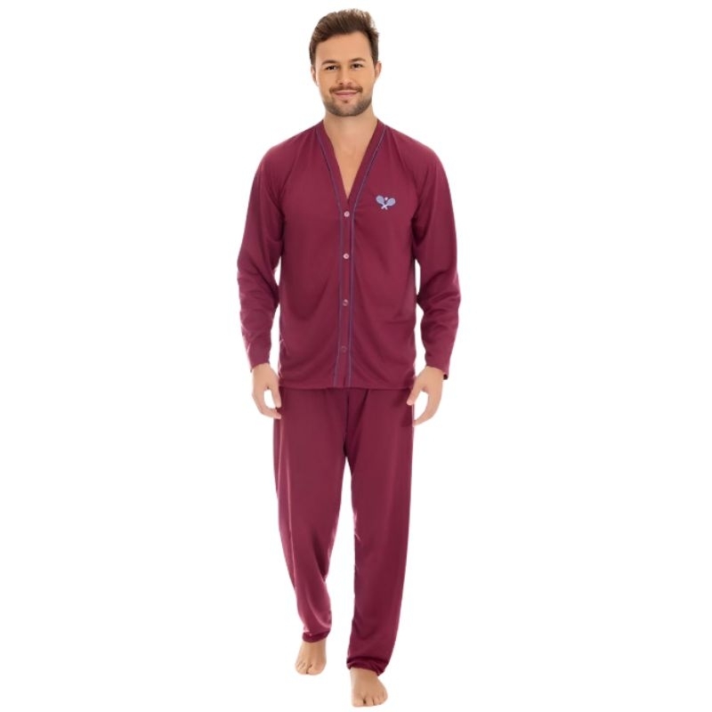 Pijama Masculino Aberto com Botão Manga Longa e Calça Comprida Inverno Pós Cirúrgico Idoso