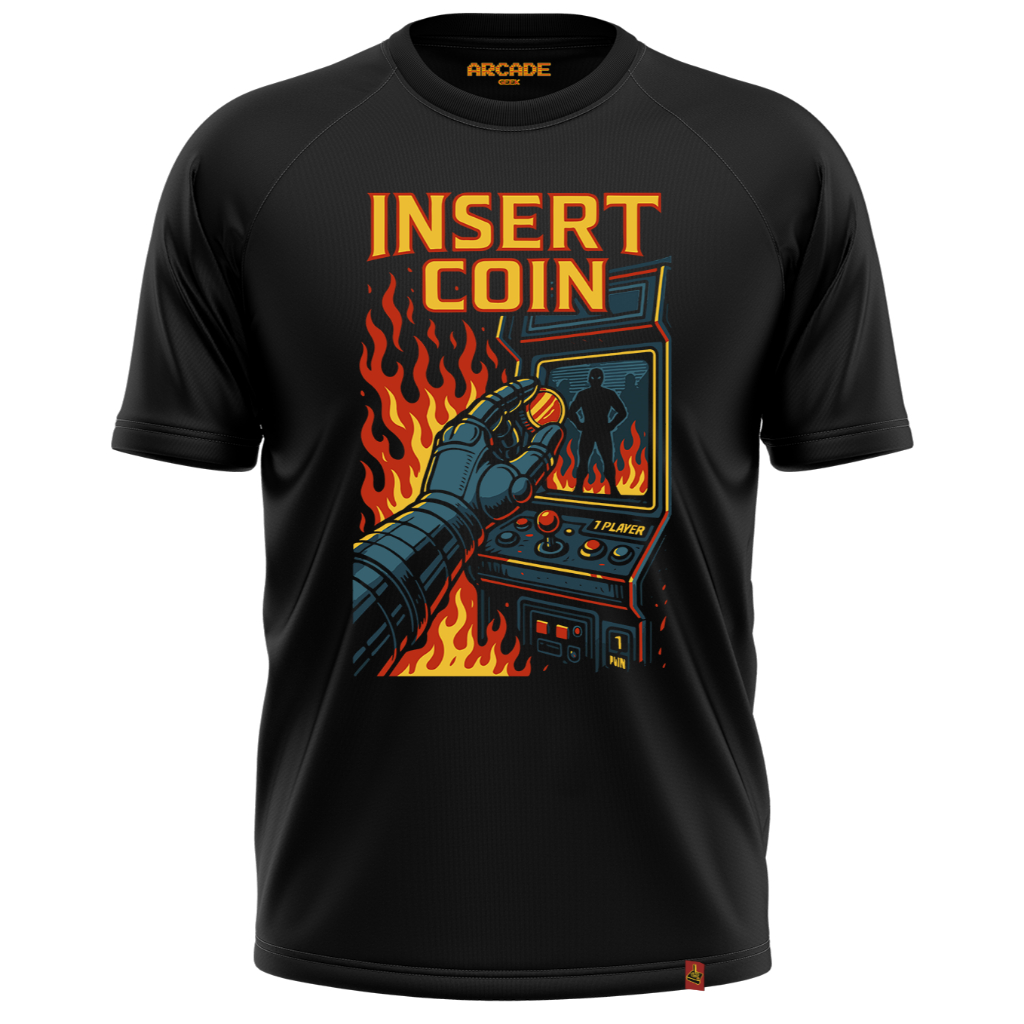 Camiseta Arcade Geek Gamer Insert Coin Fliperama Player