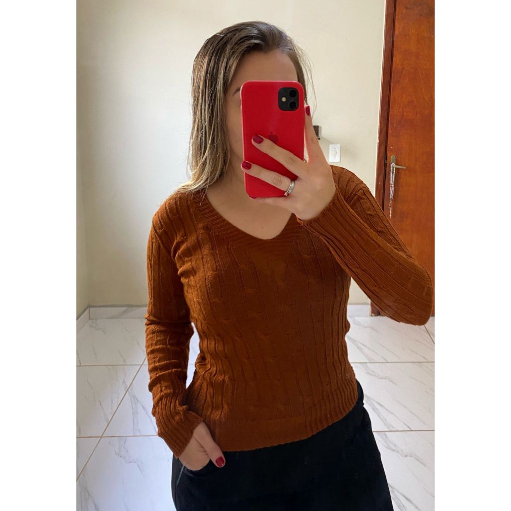 Blusa Trancinha Gola V Manga Longa Feminina Punho/Barra Canelada Suéter Moda Tricot Inverno