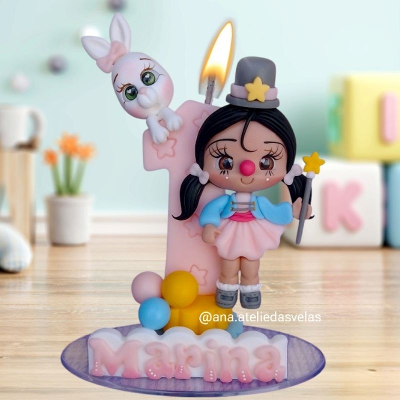 Vela personalizada do circo rosa aniversário menina/topo de bolo/decoração festa infantil tema circo rosa biscuit