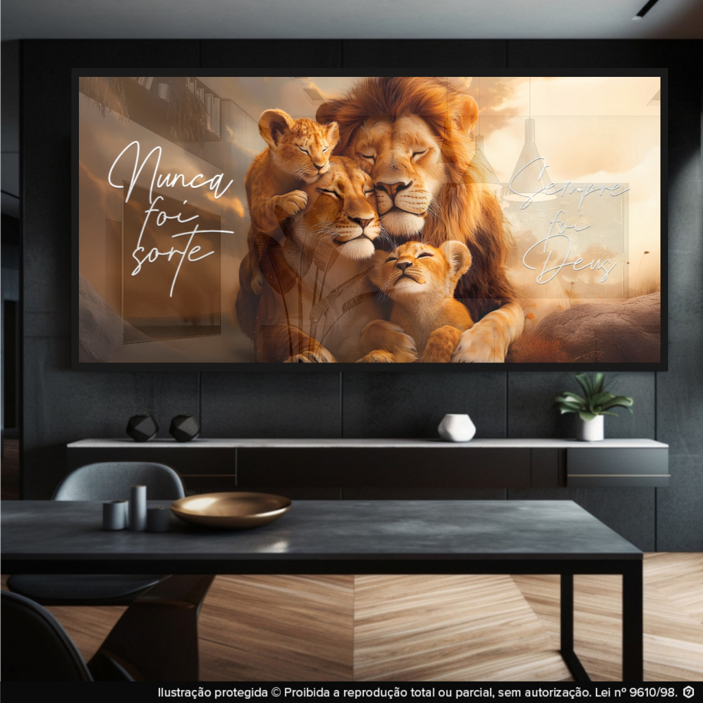 01 Quadro Decorativo Grande Moderno Luxo Sala Quarto Família de Leãog, Frase Nunca foi Sorte. Sempre foi Deus