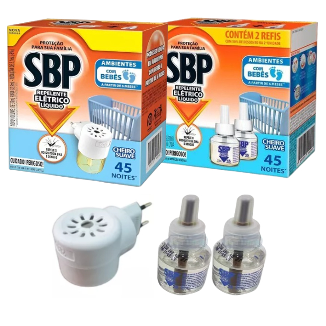 Repelente Elétrico SBP com Aparelho + 2 Refis 32,9ml – Proteção Contra Mosquitos
