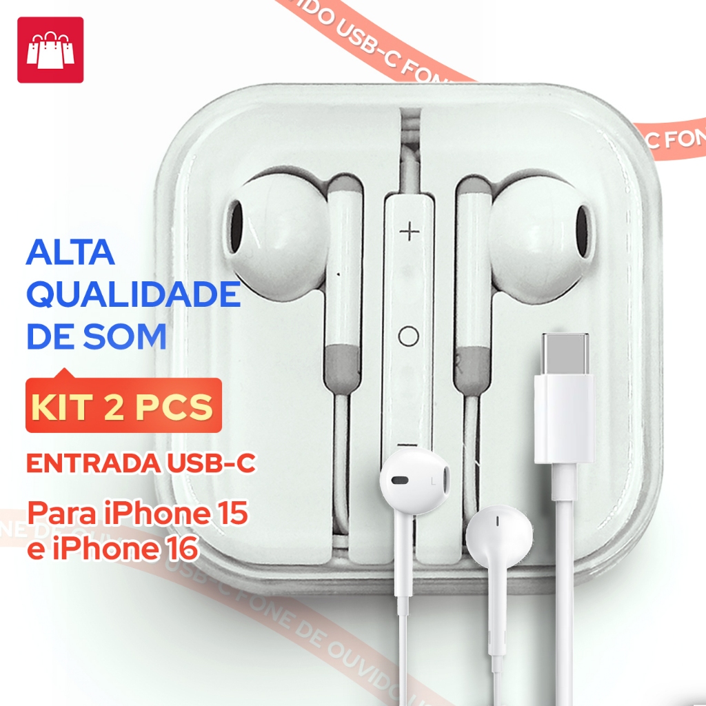 KIT 2X Fone de ouvido iPhone Branco USB-C Para Celular Alta Qualidade De Som