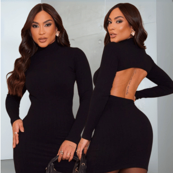 Vestido Curto Feminino Manga Longa Aberto nas Costas Justo Modelador Basico Casual