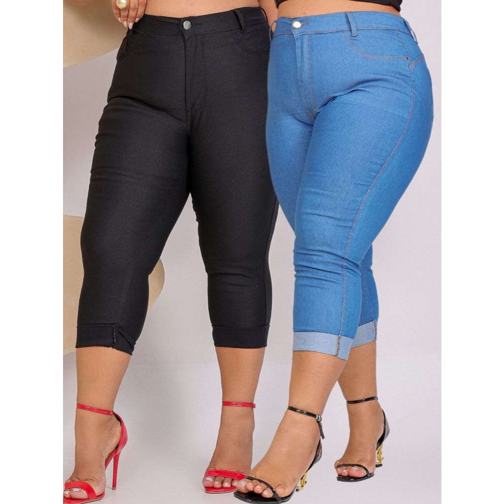 Kit 2 Calça Jeans Feminina Capri Plus Size Cintura Alta Com Lycra Elastano Barra Dobrada Moda Maior em Oferta na Shopee