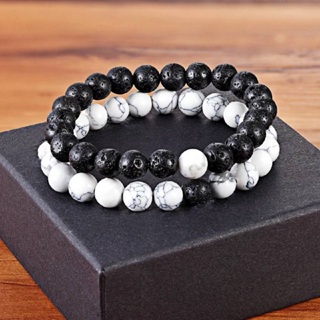 Conjunto 2 Pulseiras Yin Yang Unissex Casal 8mm Pedra Vulcânica howlita branca Kit Braceletes Masc Fem Presente moda em Oferta na Shopee