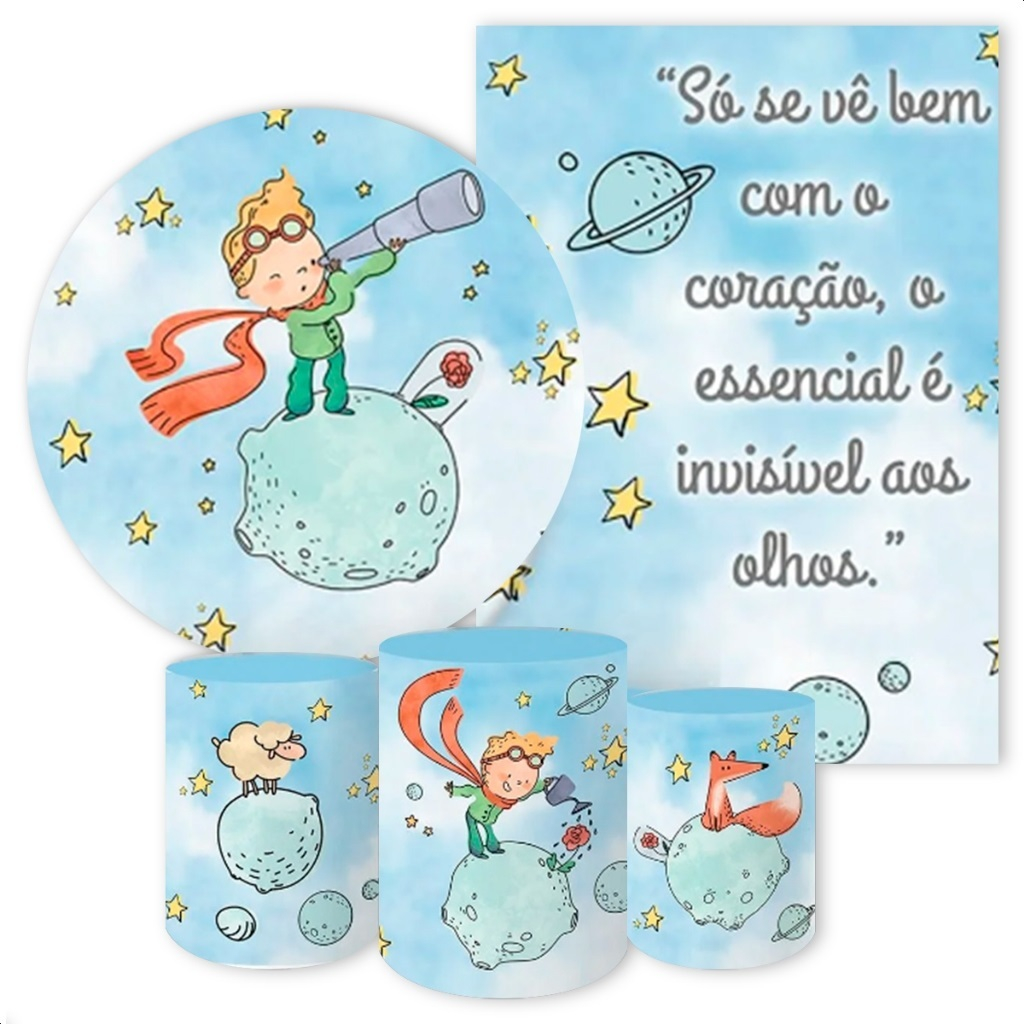 Kit 5 peças Sublimadas Capa Painel + Capa Retangular + Trio Cilindros Tema: Pequeno Príncipe