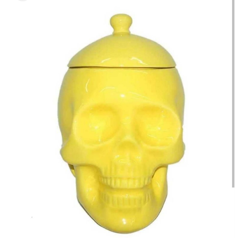 pote caveira cerâmica , crânio, bombonier , cor amarelo