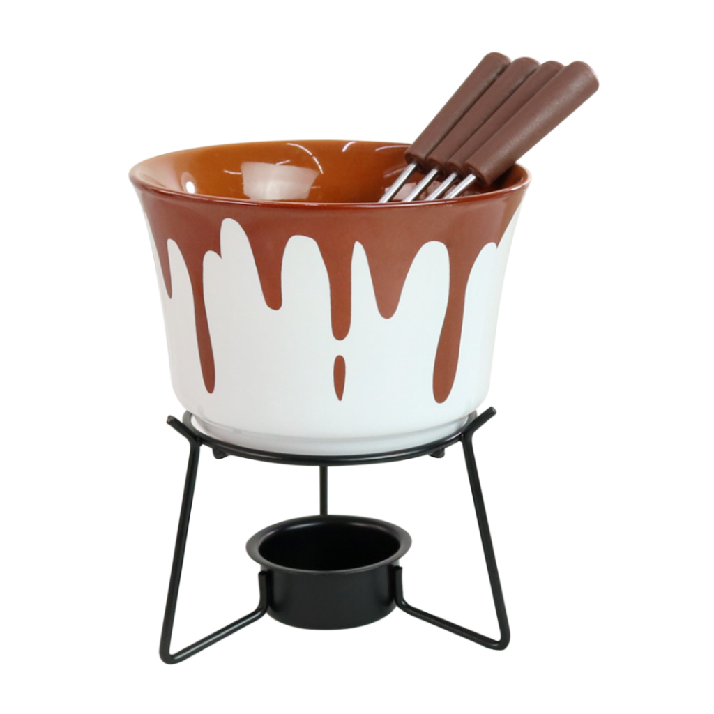 Conjunto Para Fondue 6 Peças Com Panela Cerâmica 385ml Branco com chocolate derretido