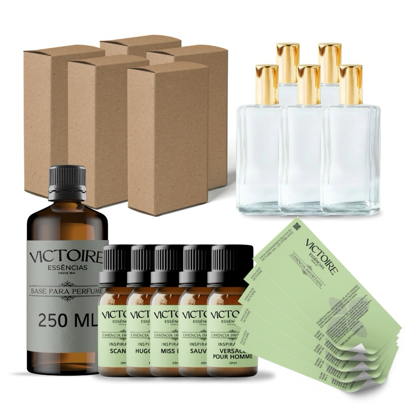 kit empreendedor, 5 essencias, 5 frascos, 5 caixas, 5 etiquetas e 1 base 250ml