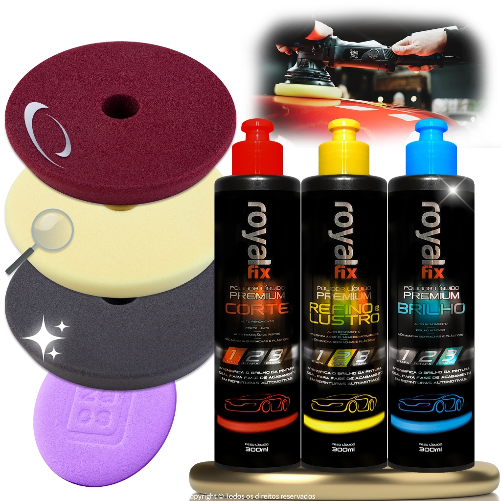 Kit Boinas Espuma Velcro 3, 5 Ou 6 Pol & Polidores Líquidos Automotivo Corte, Refino, Lustro, Brilho