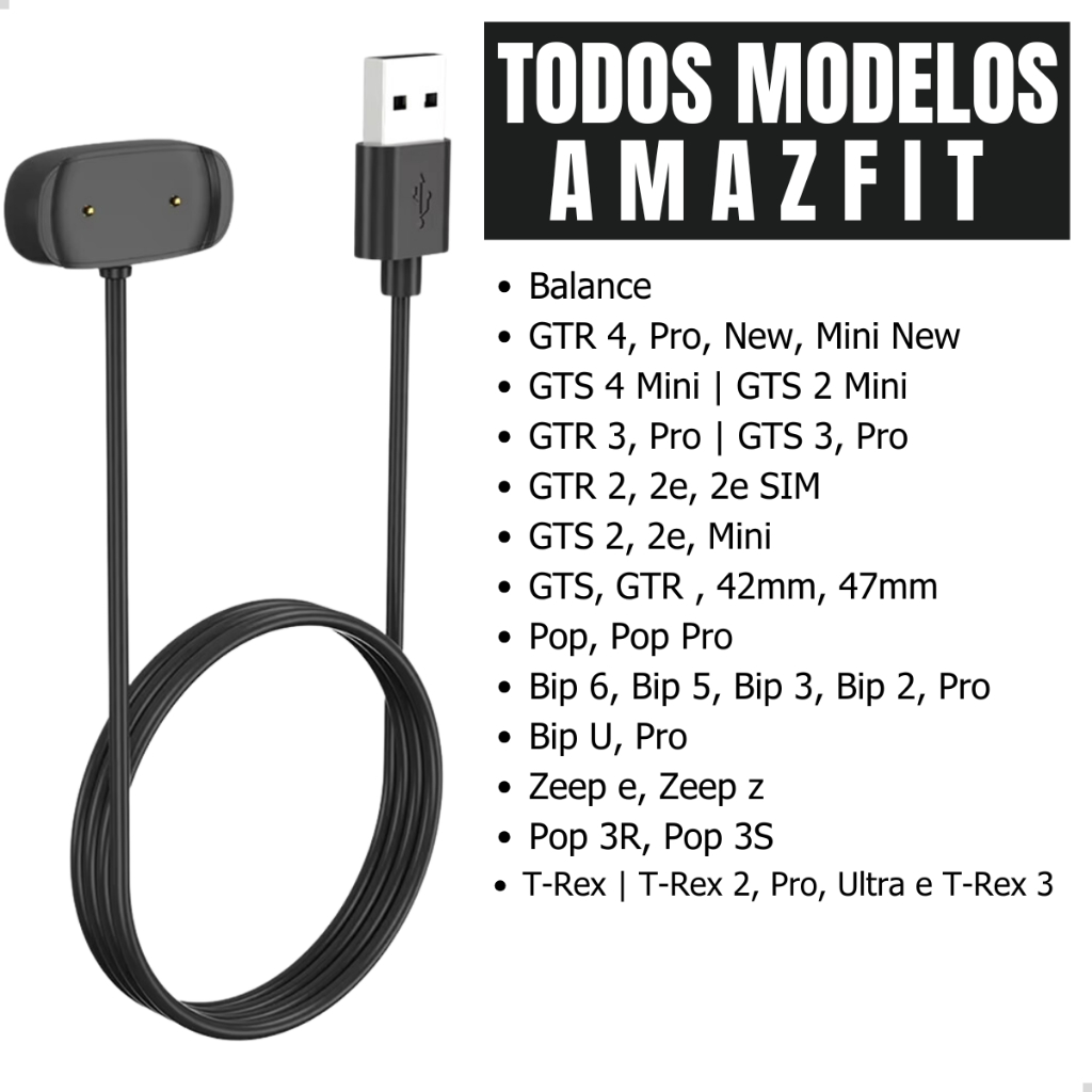 Carregador USB P/ Relógio Amazfit GTR GTS 2 3 4 Mini Bip 6 5 U Pop 3R 3S Pace T-Rex 3 2 Pro Ultra