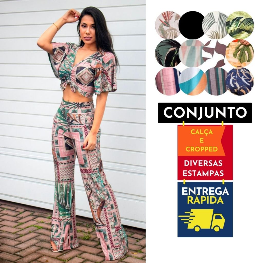 Conjunto Feminino Calça Pantalona Cropped Cintura Alta com bolsos estilo Flare Liso ou Estampado